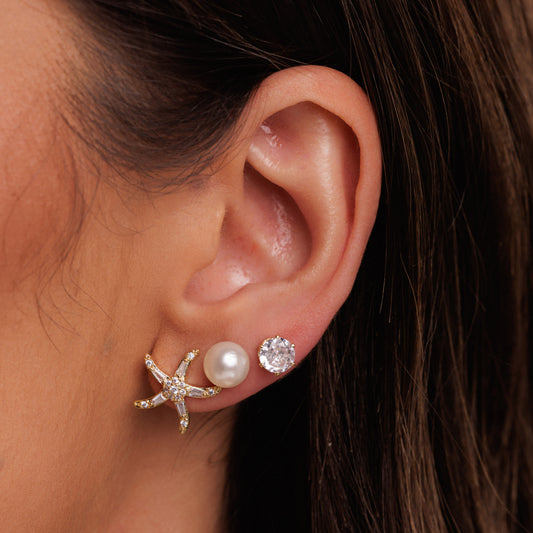 Brinco Trio Estrela do Mar com Pérola e Ponto de Luz Dourado