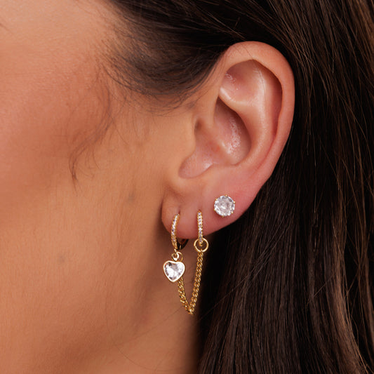 Brinco Trio Argolinhas Cravejadas com Corrente e Ponto de Luz Dourado