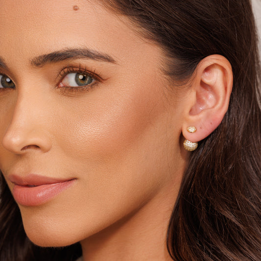 Brinco Meia Esfera Pequena com Tarraxa Esfera Maior Cravejada Dourado/Prateado/Ônix