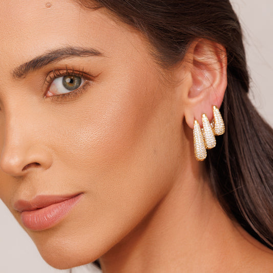 Brinco Trio Argolas Gotas Alongadas Cravejadas Dourado