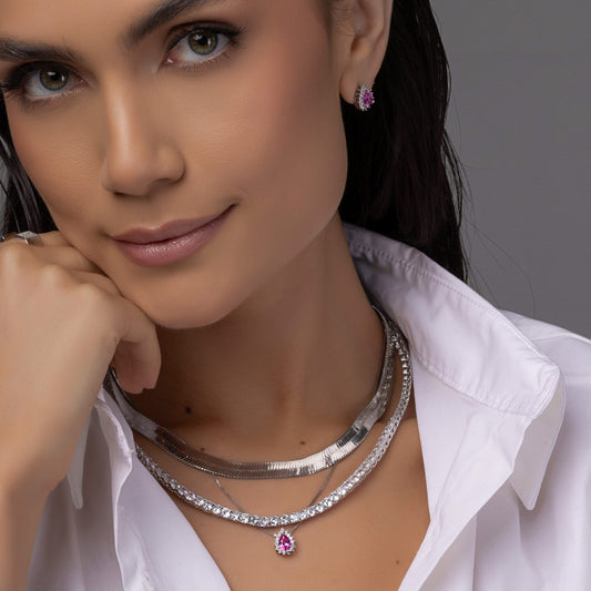 Conjunto Colar e Brinco Gota Rosa Prateado