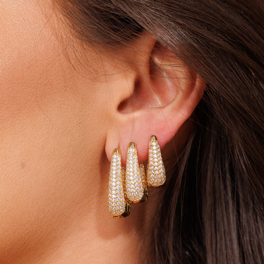 Brinco Trio Argolas Gotas Alongadas Cravejadas Dourado