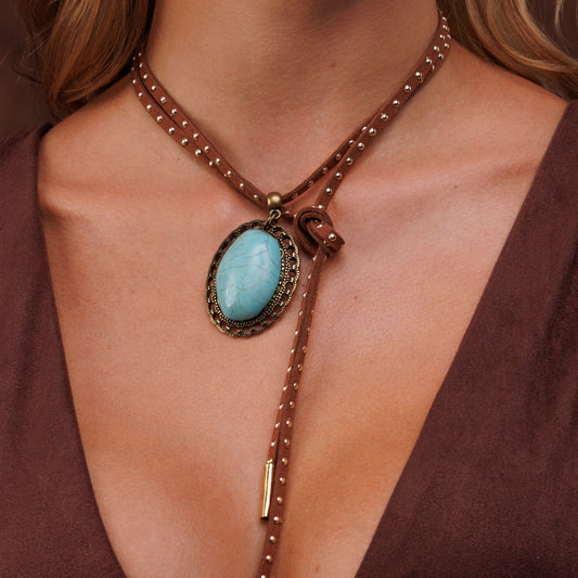 Colar Cordão Marrom com Pingente Oval Turquesa Dourado