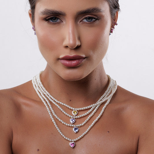 Conjunto Colar e Brinco Coração e Pérolas Prateado