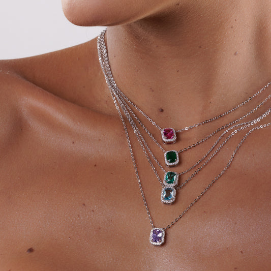 Conjunto Colar e Brinco Retangular Colorido Entorno Cravejado Prateado