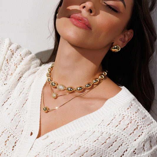 Colar Duplo Esfera Lisa e Esfera Cravejado Dourado