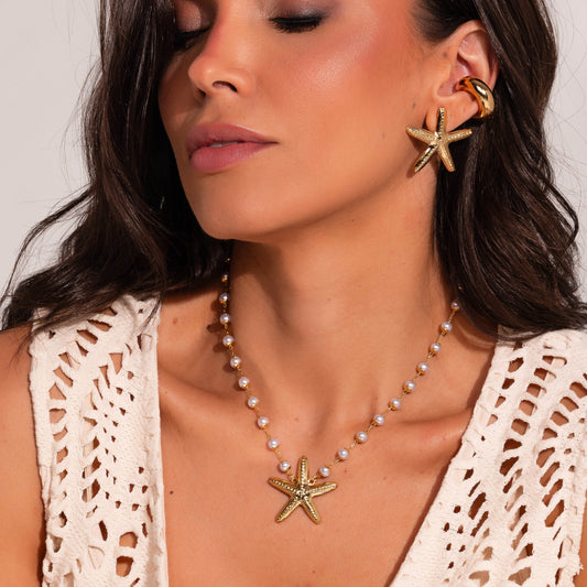 Colar Corrente Pérolas e Estrela do Mar Dourado