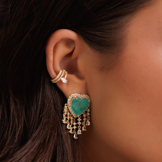 Brinco Coração Esmeralda Colombiana Com Franja Dourado/Prateado