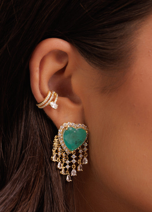 Brinco Coração Esmeralda Colombiana Com Franja Dourado/Prateado