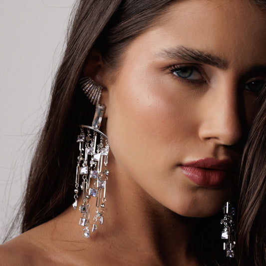 Brinco Retângulo Cristal com Franja Prateado/Dourado