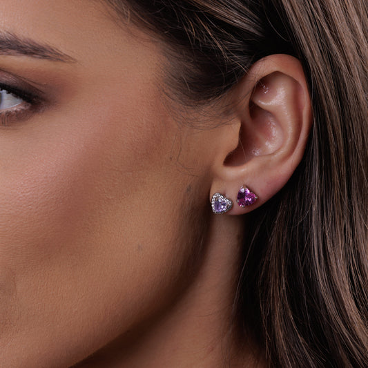 Brinco Dupla Corações Coloridos Prateado