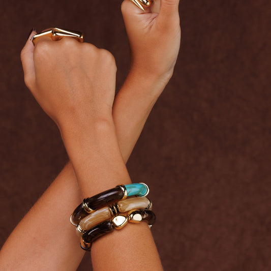 Pulseira Dupla Marrom e Creme com Detalhes Dourado