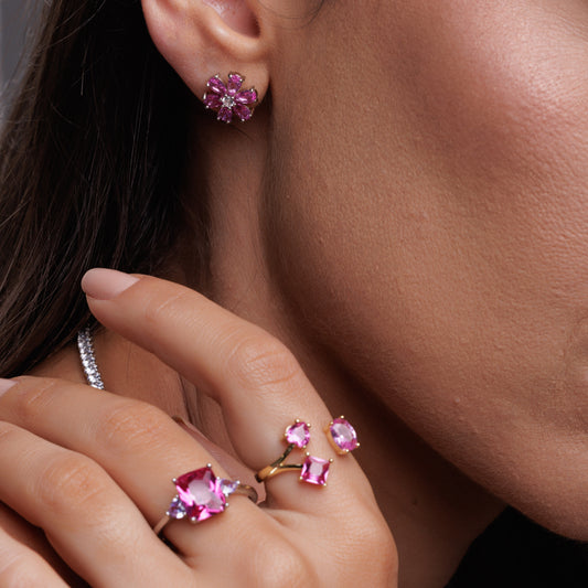 Anel Pedra Rosa e Lavanda Prateado