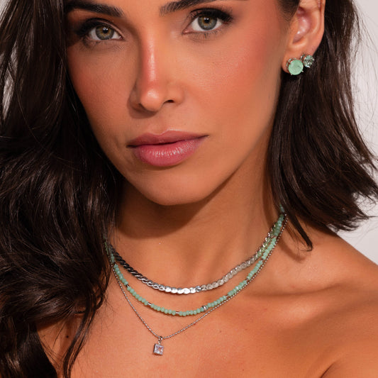 Colar Duplo Choker Verde Água e Corrente Bolinhas Ponto de Luz Prateado