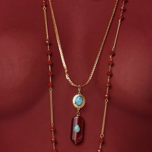 Colar Longo Corrente Malha com Pingente Vermelho e Turquesa Dourado