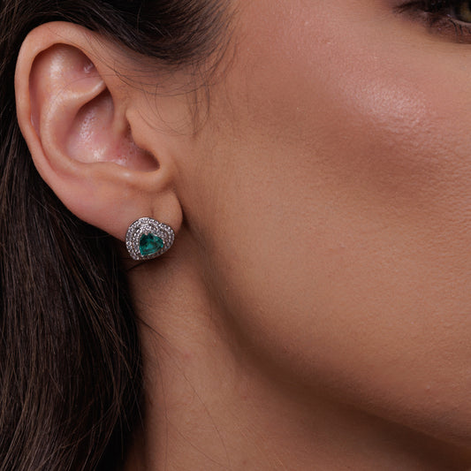 Brinco Coração Turmalina Entorno Cravejado Prateado