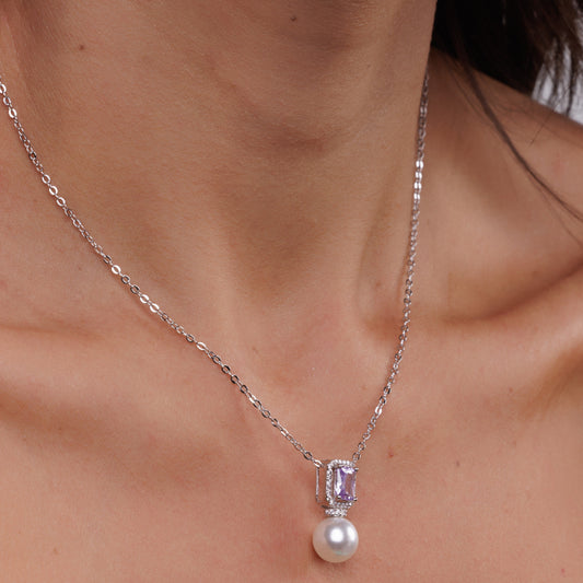 Conjunto Colar e Brinco Retângulo Colorido com Pérola Prateado