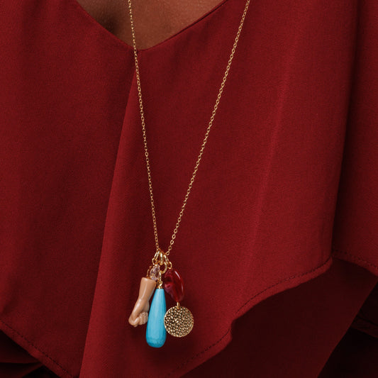Colar Longo Pingente Figa, Gora Turquesa e Gota Vermelha Dourado