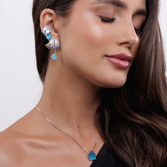 Conjunto Colar e Brinco Gota Azul Fusion Prateado