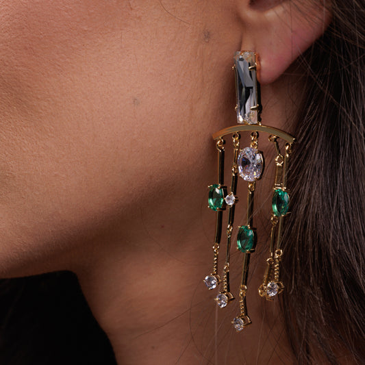 Brinco Retângulo Cristal com Canutilhos e Cristais Azuis Dourado/Prateado