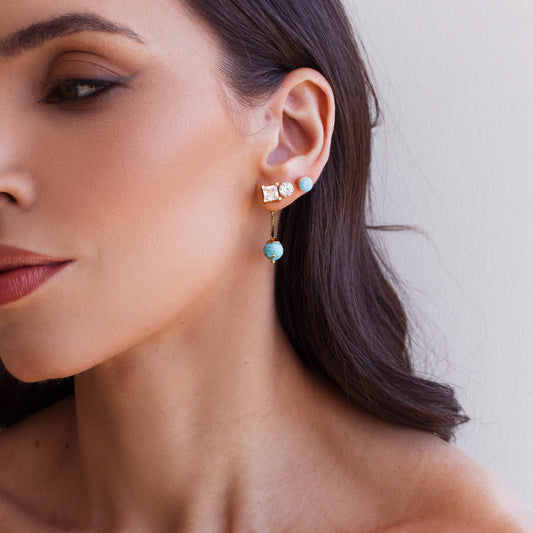 Brinco Trio Pontos de Luz em Cristal e Tarraxa com Esfera Turquesa Dourado