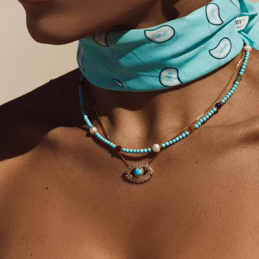 Colar Olho Grego Cravejado Turquesa Dourado