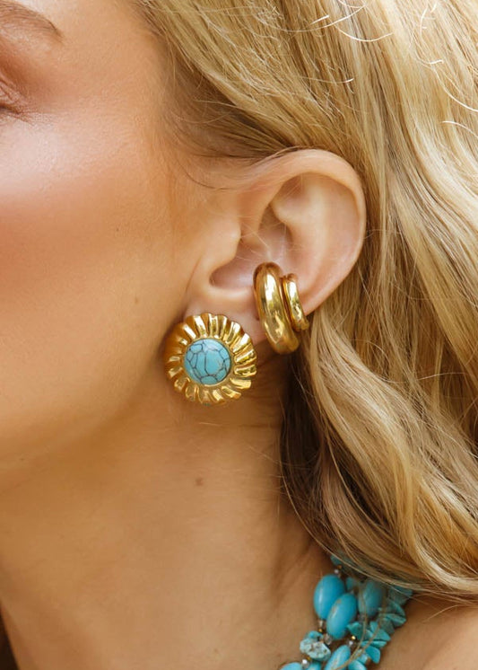 Brinco Dourado com Pedra Turquesa Natural em Aço Inoxidável
