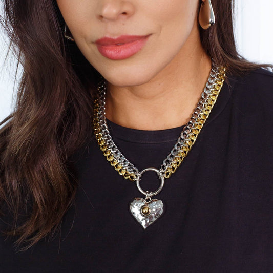 Colar Duplo Elos com Pingente de Coração Dourado e Prateado