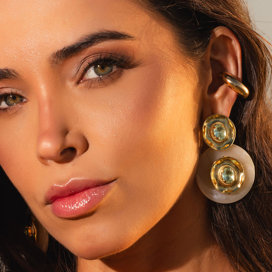 Brinco 2 em 1 Resina Verde/Creme Dourado