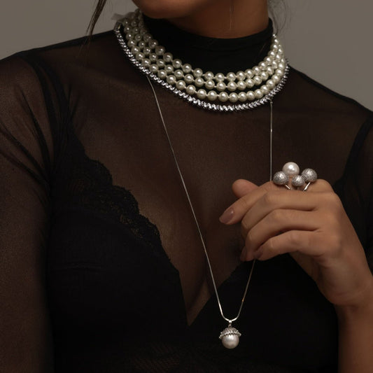 Colar Longo Pingente Pérola Prateado