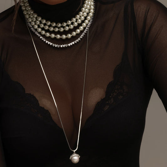 Colar Longo Pingente Pérola Prateado