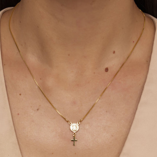 Colar Medalha Nossa Senhora com Cruz Dourado