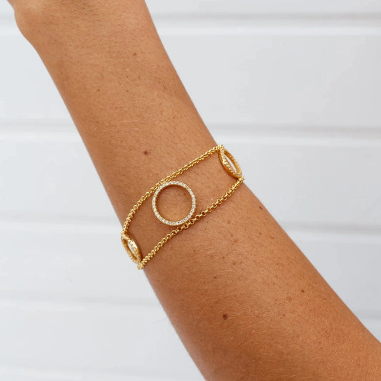 Pulseira Corrente Dupla e Ovais Cravejados Dourado