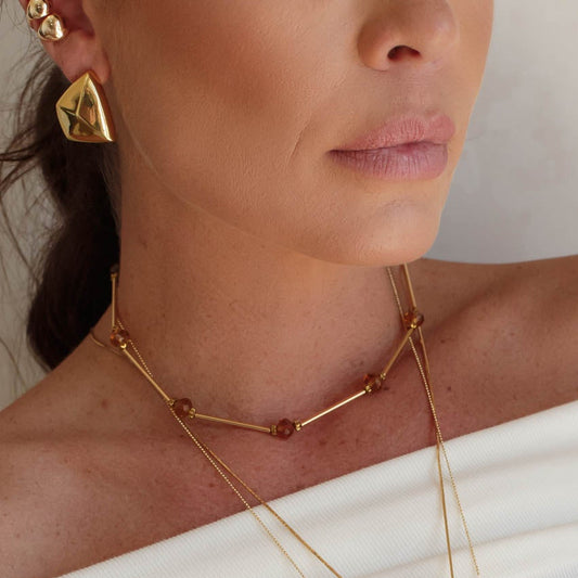 Colar Canutilhos com Cristais Marrom Dourado