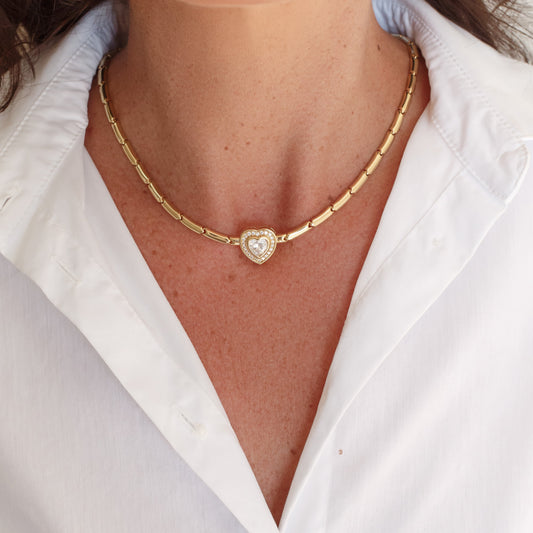 Colar Articulado Coração Cravejado Cristal Dourado