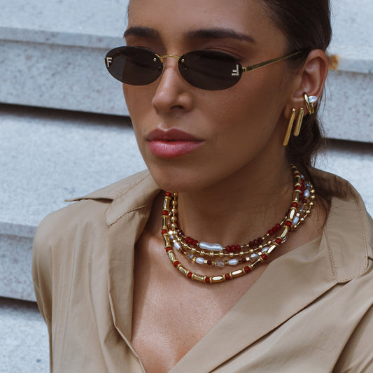 Colar Cristais Vermelho e Âmbar com Pérola Dourado