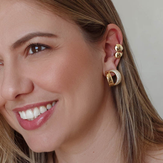 Brinco Argola Dupla Larga Lisa e Cravejada Dourado