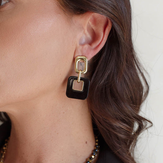 Brinco Retângulo Liso e Quadrado Resina Colorido Dourado