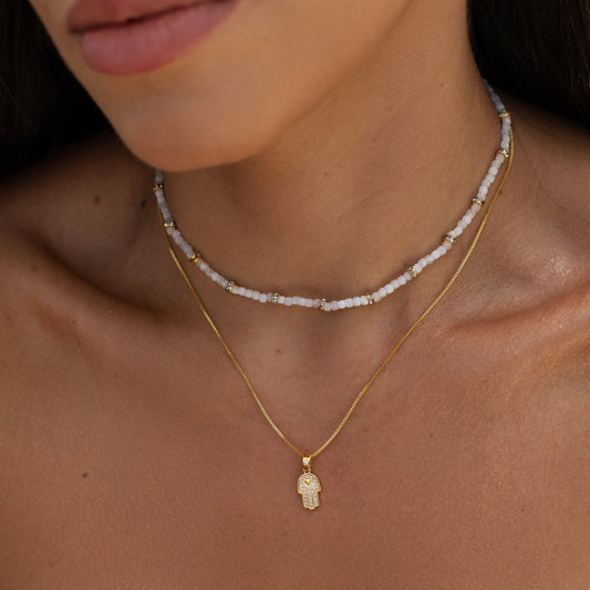 Colar Dupla Cristais e Mão de Fátima Dourado