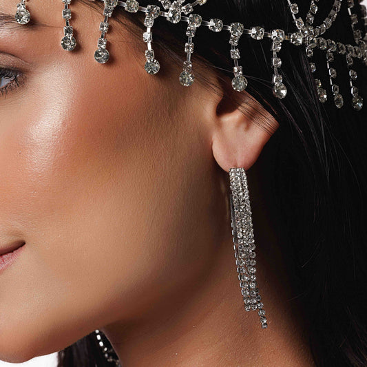 Brinco Argola Alongada Cravejada com Franja Prateado