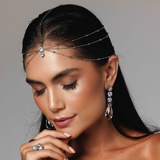 HeadPiece Corrente Esferas e Elos com Ponto de Luz Dourado/Prateado