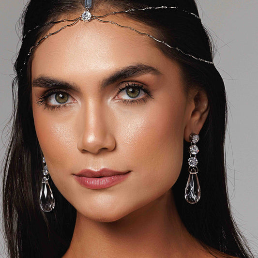 Brinco Cristais com Gota Maior Prateado