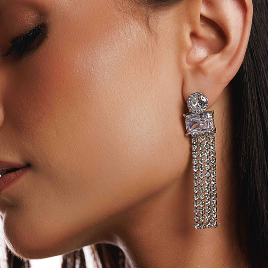 Brinco Redondo e Quadrado Cristal com Franja Cravejada Dourado/Prateado