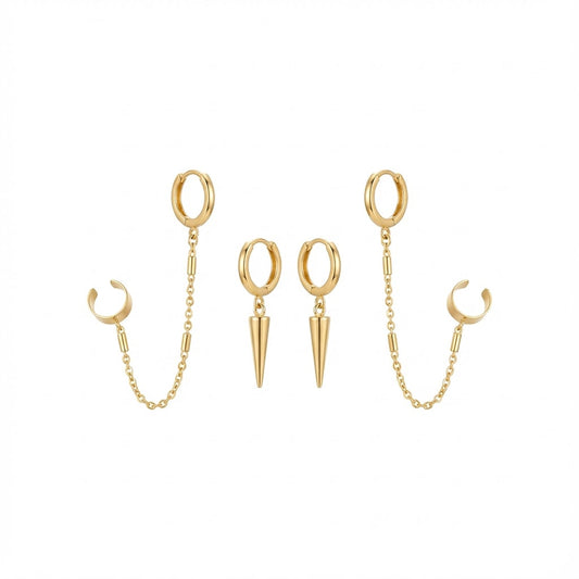 Brinco Argola com Pingente Triângulo + Ear Cuff Corrente