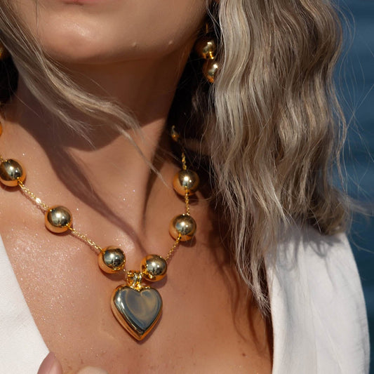 Colar Maxi Esferas com Pingente de Coração Dourado/Prateado