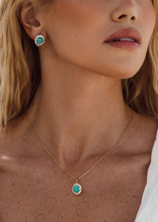 Conjunto Colar e Brinco Turquesa com Cristais