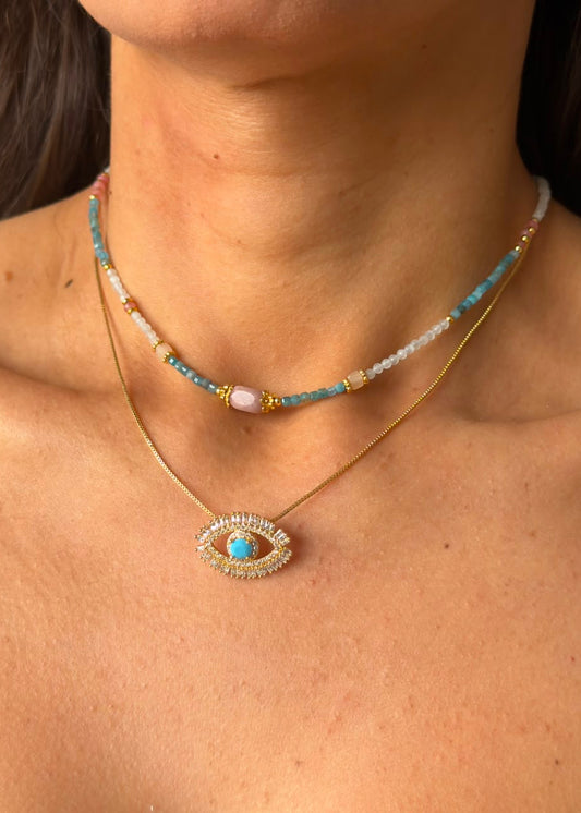 Conjunto Colares Olho Turquesa e Cristais Coloridos
