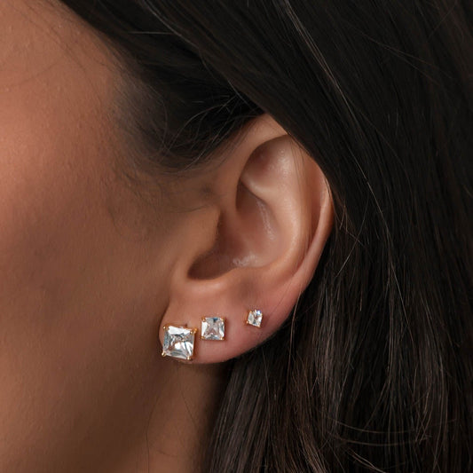 Brinco Trio Quadrado Cristal Dourado