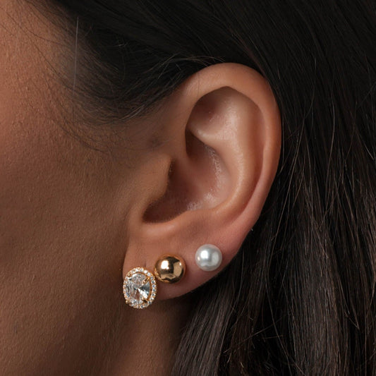 Brinco Trio Liso Cravejado e Pérola Dourado