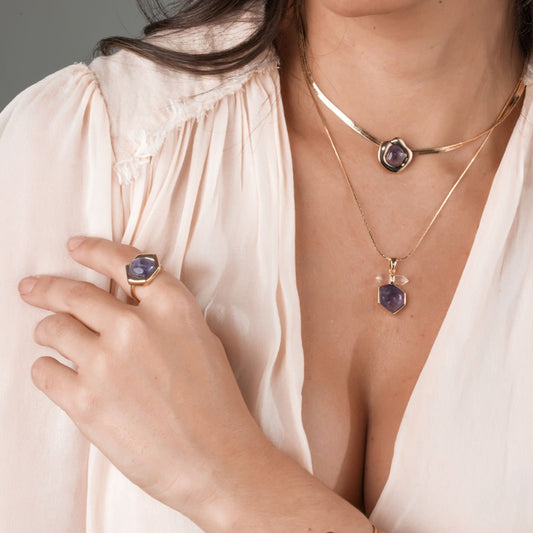 Colar Malha Pedra Natural Dourado